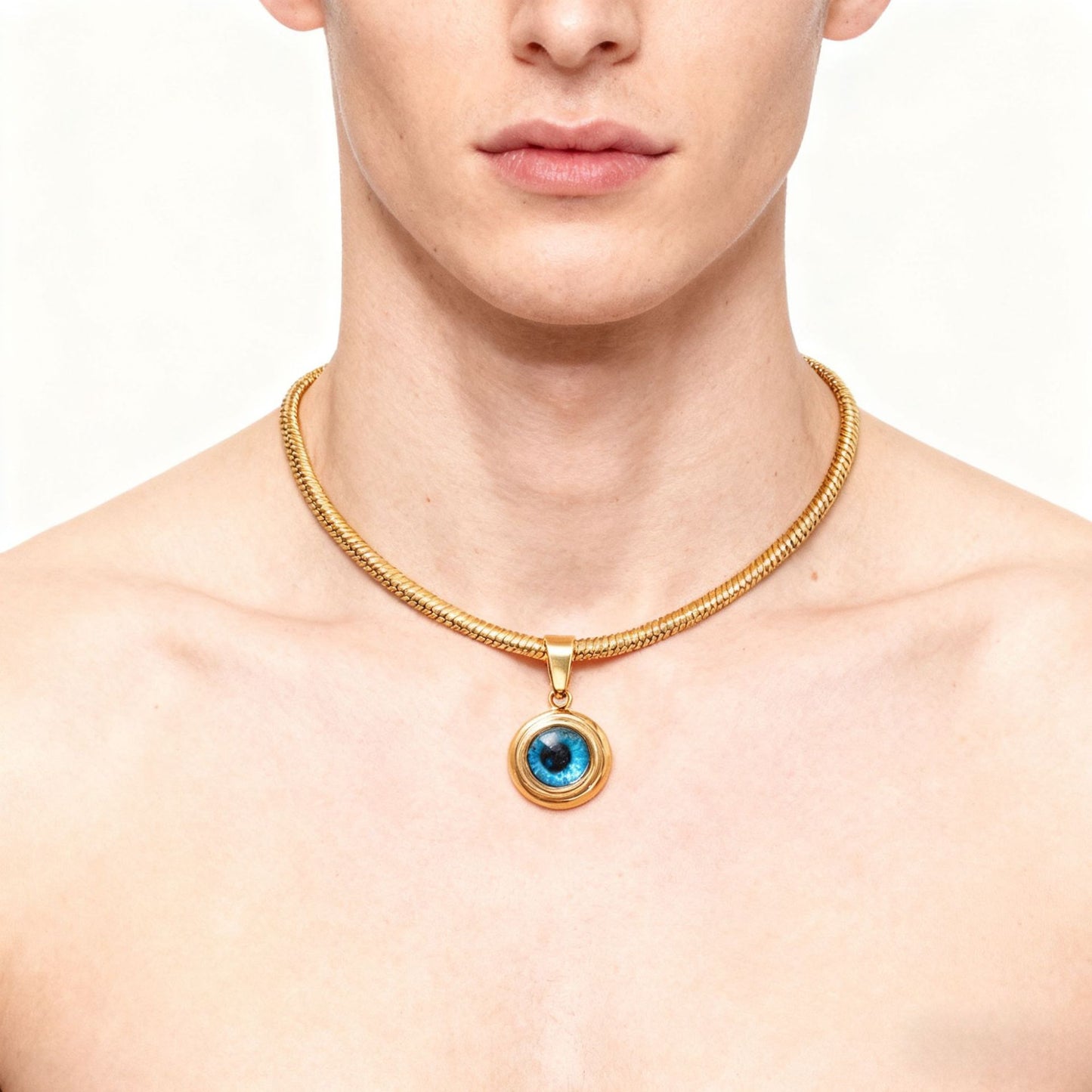 Gold Evil Eye Pendant Necklace – Blue Protection Charm Snake Chain Necklace for Women