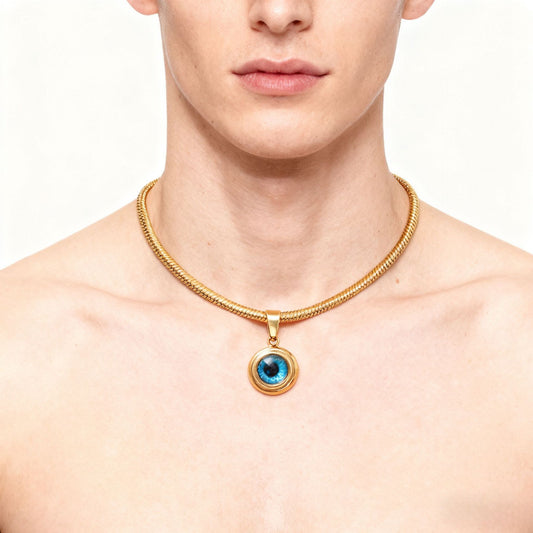 Gold Evil Eye Pendant Necklace – Blue Protection Charm Snake Chain Necklace for Women