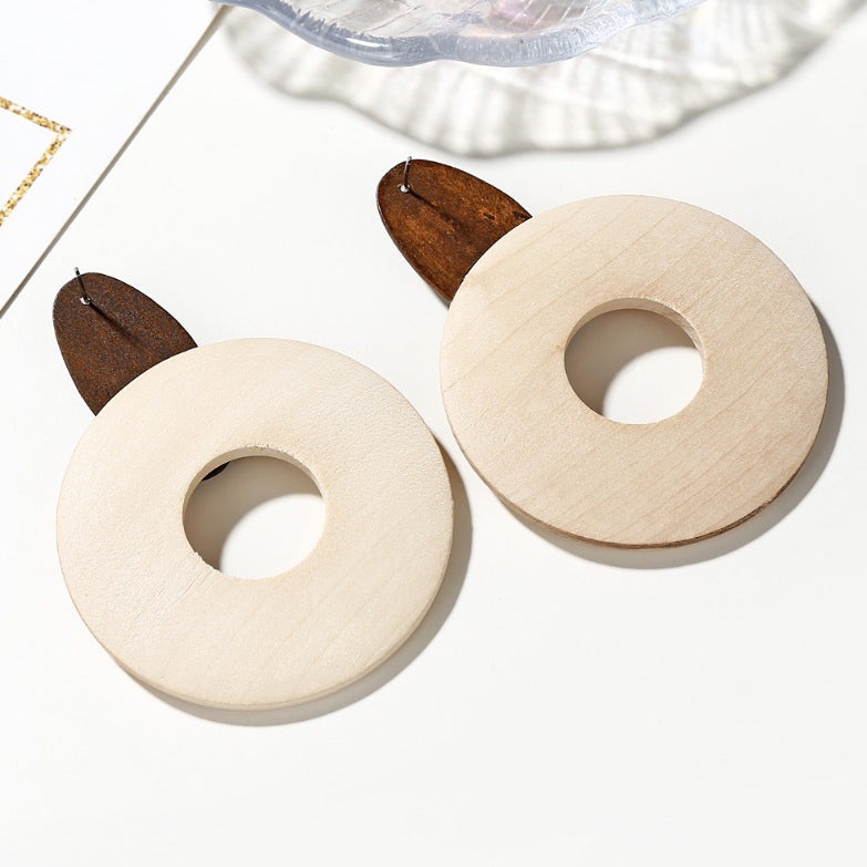 Boho Wooden Circle Drop Earrings – Neutral Tone Geometric Statement Earrings for Women