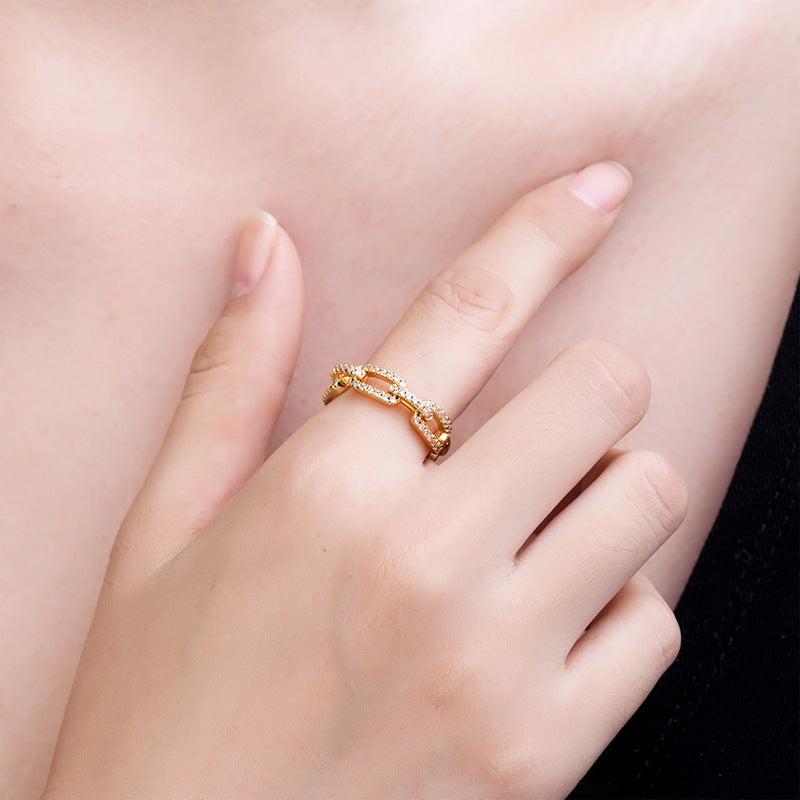 Gold Crystal Chain Link Statement Ring – Adjustable Pave Zirconia Fashion Ring for Women