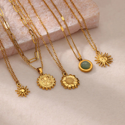 Gold Charm Pendant Necklace Collection – Sun, Coin, Floral & Stone Minimalist Layered Necklaces for Women