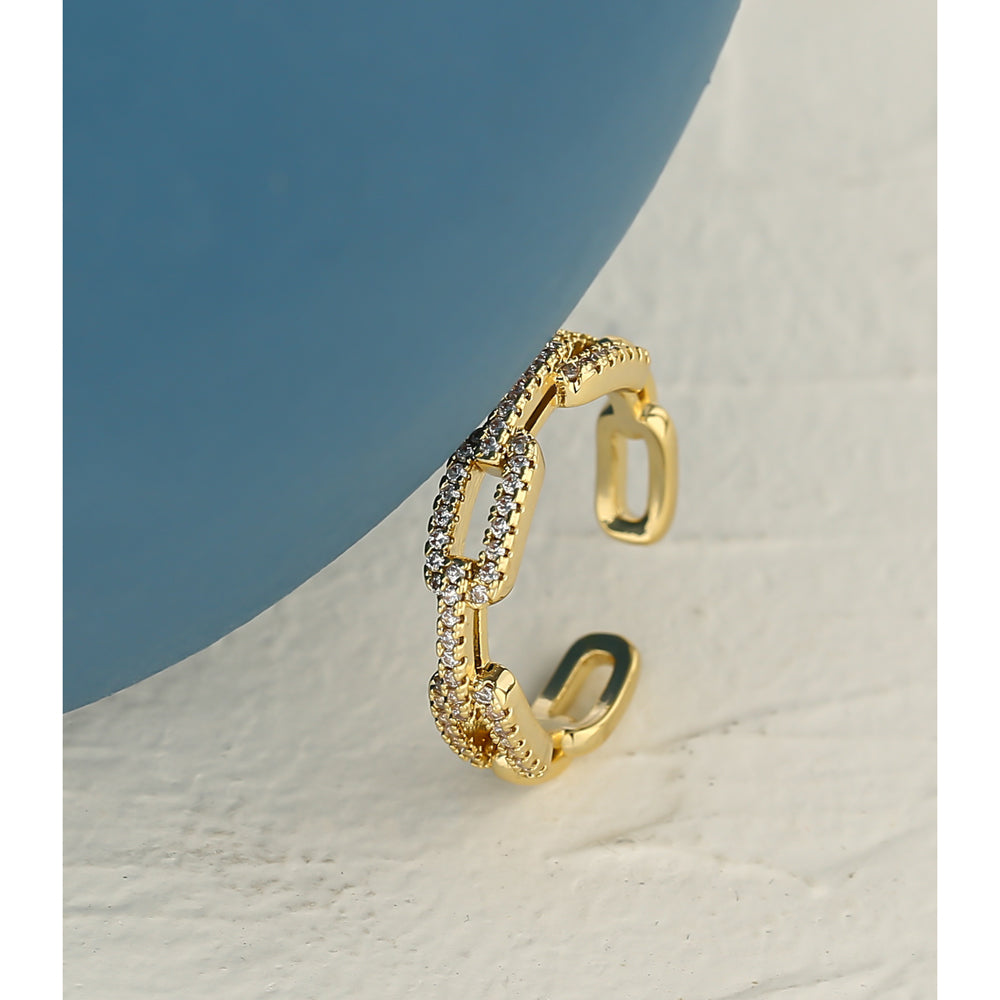 Gold Crystal Chain Link Statement Ring – Adjustable Pave Zirconia Fashion Ring for Women