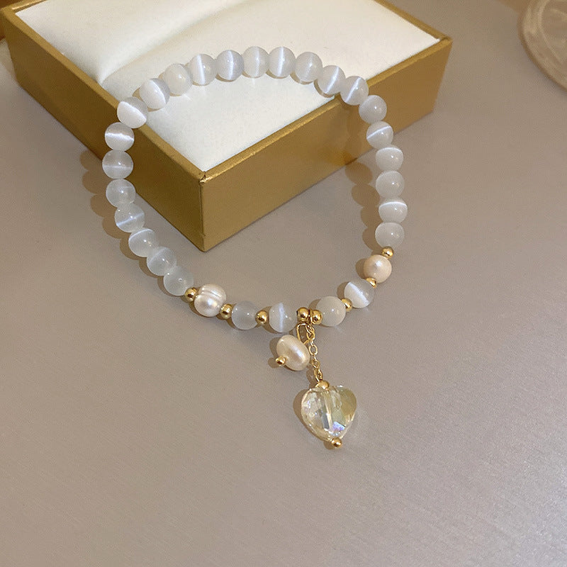 Dainty Pearl Heart Charm Bracelet – Elegant Double Layer Gold Chain Adjustable Bracelet for Women