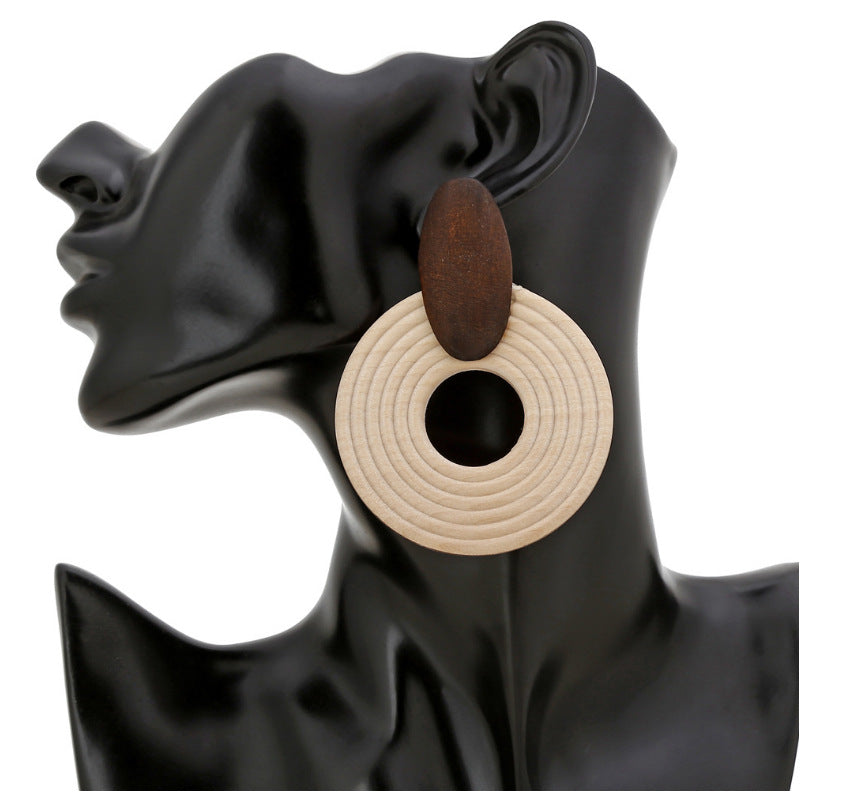 Boho Wooden Circle Drop Earrings – Neutral Tone Geometric Statement Earrings for Women