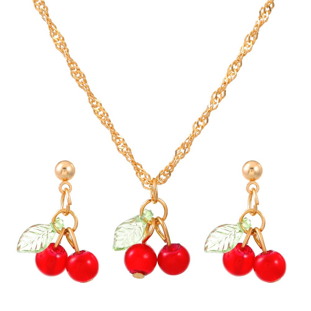 Cute Cherry Pendant Necklace & Earrings Set – Gold Chain Red Cherry Jewelry Set for Women