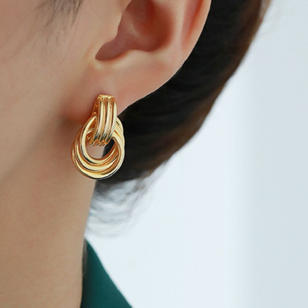 Gold Interlocking Double Hoop Earrings – Elegant Layered Statement Drop Earrings for Women