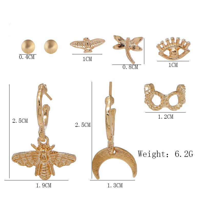 Gold Celestial Ear Stack Earrings Set – Moon, Eye, Bee & Stud Minimalist Multi-Piercing Jewelry for Women