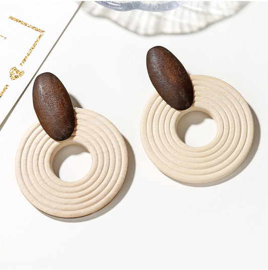 Boho Wooden Circle Drop Earrings – Neutral Tone Geometric Statement Earrings for Women