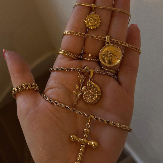 Gold Charm Pendant Necklace Collection – Cross, Coin, Sun & Vintage Symbol Layered Necklaces for Women