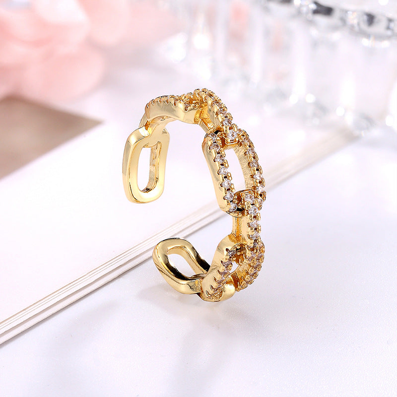 Gold Crystal Chain Link Statement Ring – Adjustable Pave Zirconia Fashion Ring for Women