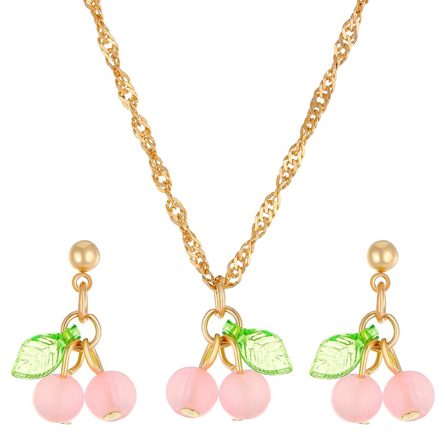 Cute Cherry Pendant Necklace & Earrings Set – Gold Chain Red Cherry Jewelry Set for Women