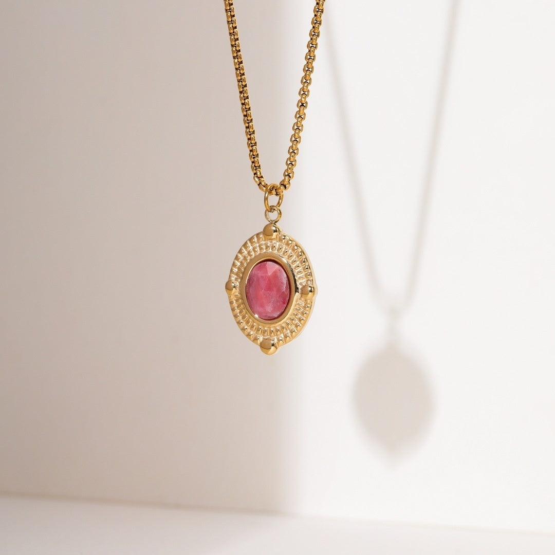 Pink Gemstone Layered Gold Necklace – Boho Multi-Layer Pendant Necklace Set for Women