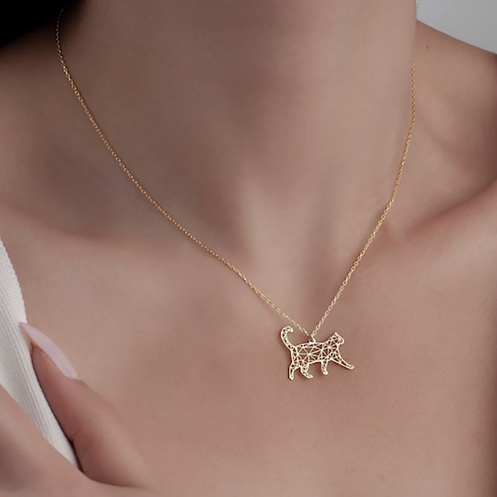 Gold Geometric Cat Pendant Necklace – Minimalist Cat Lover Charm Necklace for Women