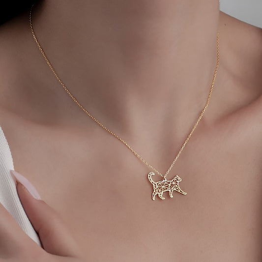Gold Geometric Cat Pendant Necklace – Minimalist Cat Lover Charm Necklace for Women