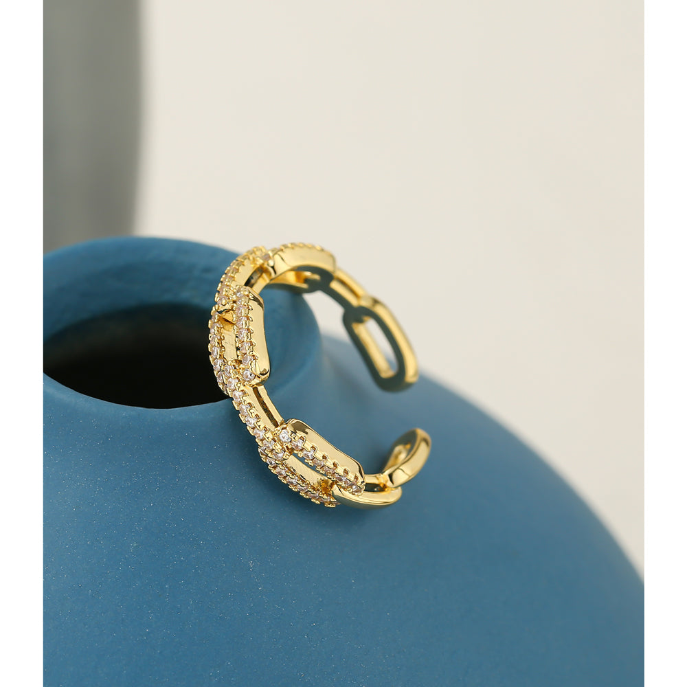 Gold Crystal Chain Link Statement Ring – Adjustable Pave Zirconia Fashion Ring for Women