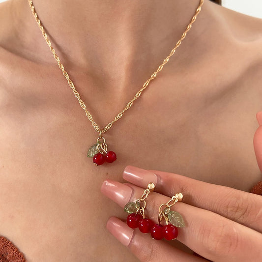 Cute Cherry Pendant Necklace & Earrings Set – Gold Chain Red Cherry Jewelry Set for Women