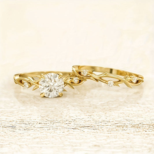 Gold Leaf Vine Crystal Ring – Elegant Nature-Inspired Zirconia Engagement Style Ring for Women