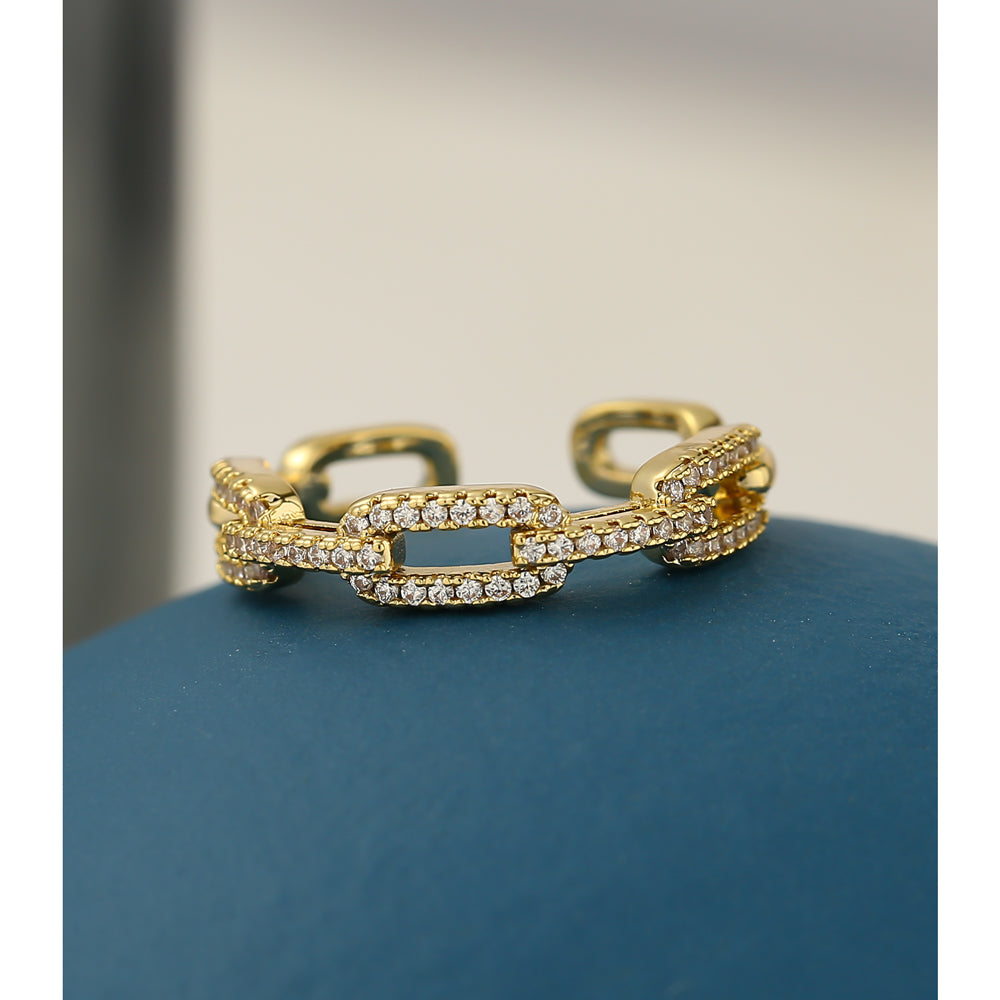 Gold Crystal Chain Link Statement Ring – Adjustable Pave Zirconia Fashion Ring for Women