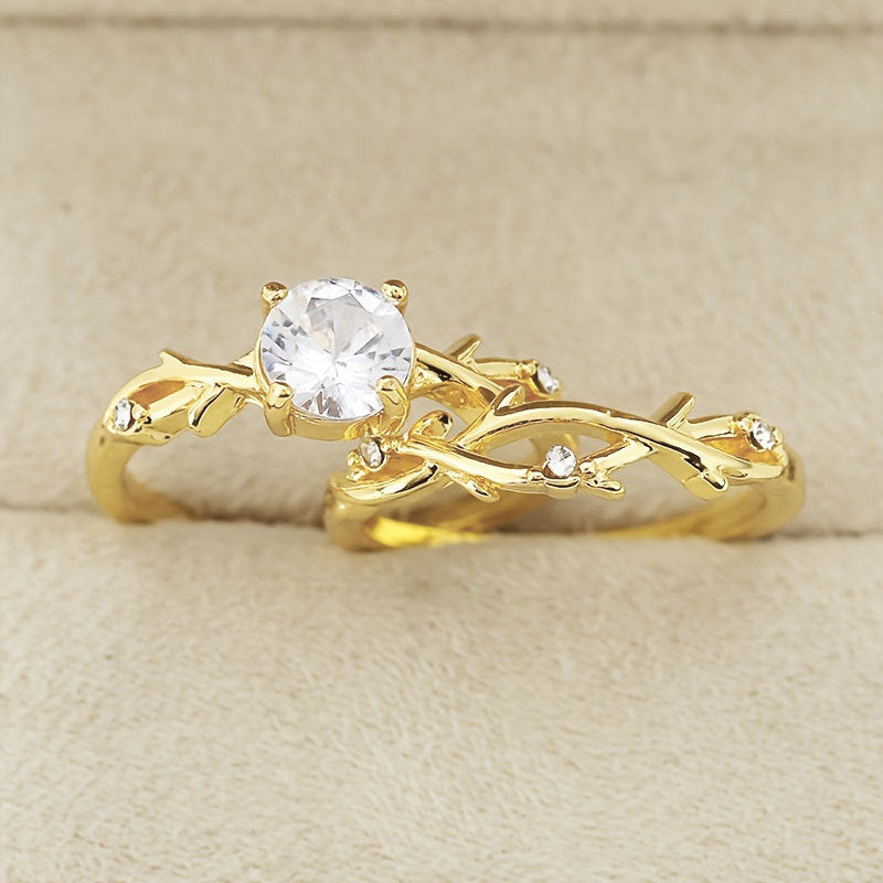 Gold Leaf Vine Crystal Ring – Elegant Nature-Inspired Zirconia Engagement Style Ring for Women