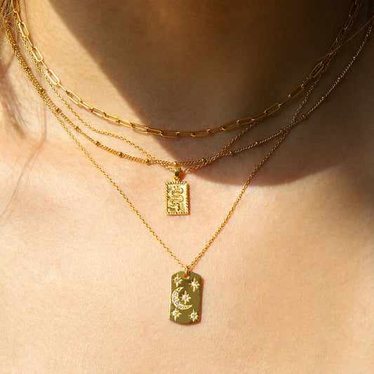 Gold Celestial Layered Necklace Set – Moon & Star Tag Pendant Multi-Layer Chain Necklace for Women