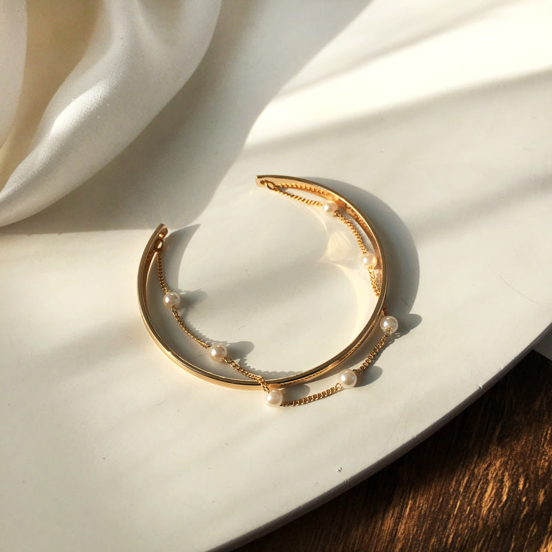 Elegant Gold Pearl Layered Bracelet – Minimalist Adjustable Dainty Chain Bangle for Women