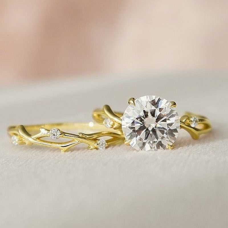 Gold Leaf Vine Crystal Ring – Elegant Nature-Inspired Zirconia Engagement Style Ring for Women