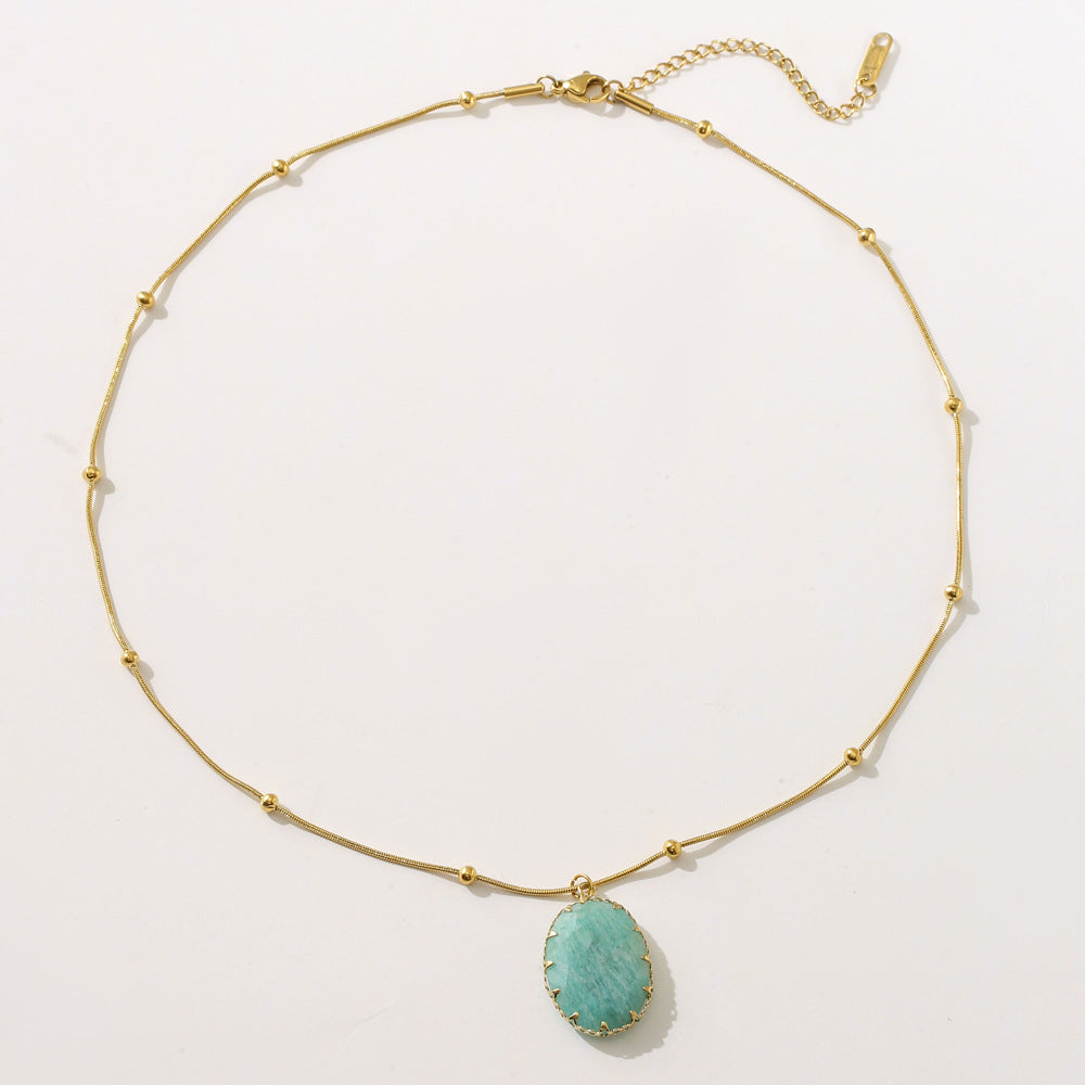 Turquoise Oval Stone Pendant Necklace – Minimalist Gold Beaded Chain Gemstone Necklace for Women