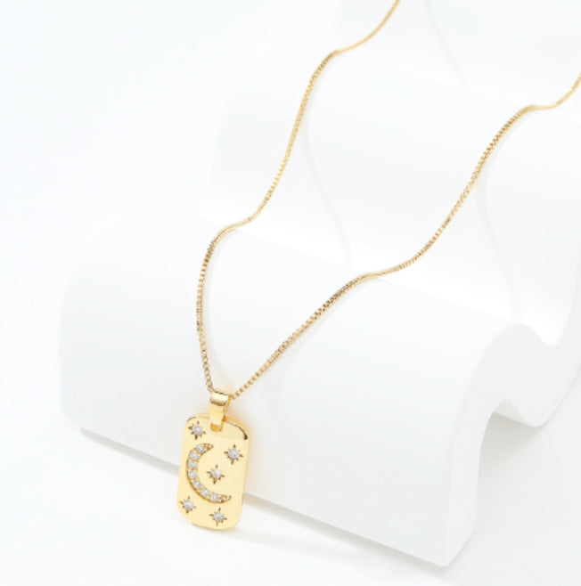 Gold Celestial Layered Necklace Set – Moon & Star Tag Pendant Multi-Layer Chain Necklace for Women