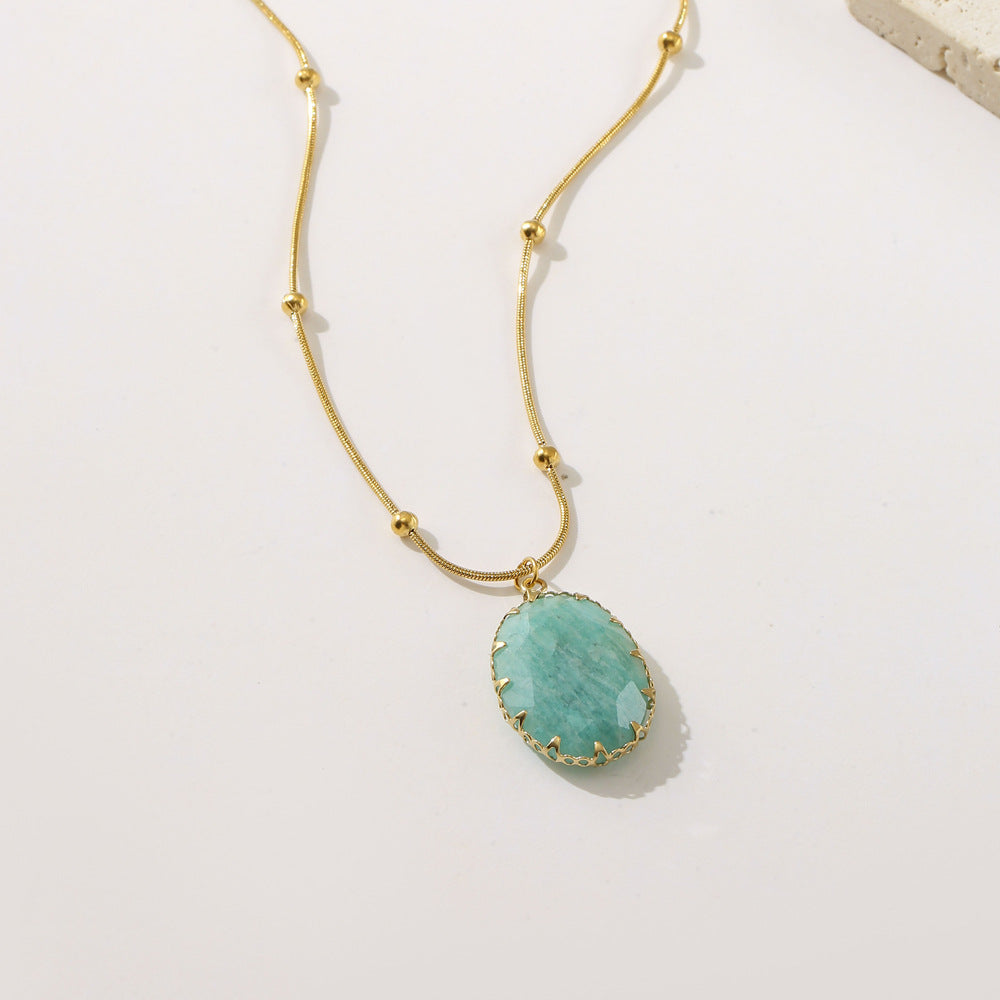 Turquoise Oval Stone Pendant Necklace – Minimalist Gold Beaded Chain Gemstone Necklace for Women