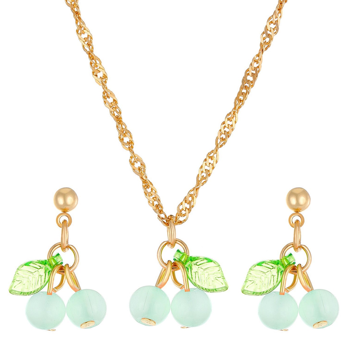 Cute Cherry Pendant Necklace & Earrings Set – Gold Chain Red Cherry Jewelry Set for Women