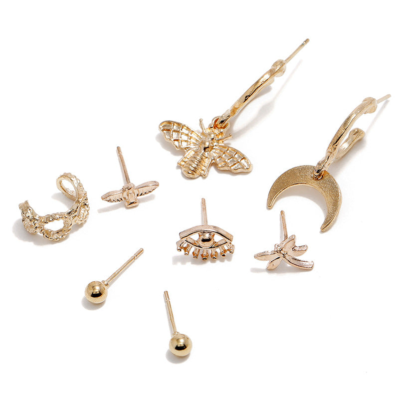 Gold Celestial Ear Stack Earrings Set – Moon, Eye, Bee & Stud Minimalist Multi-Piercing Jewelry for Women