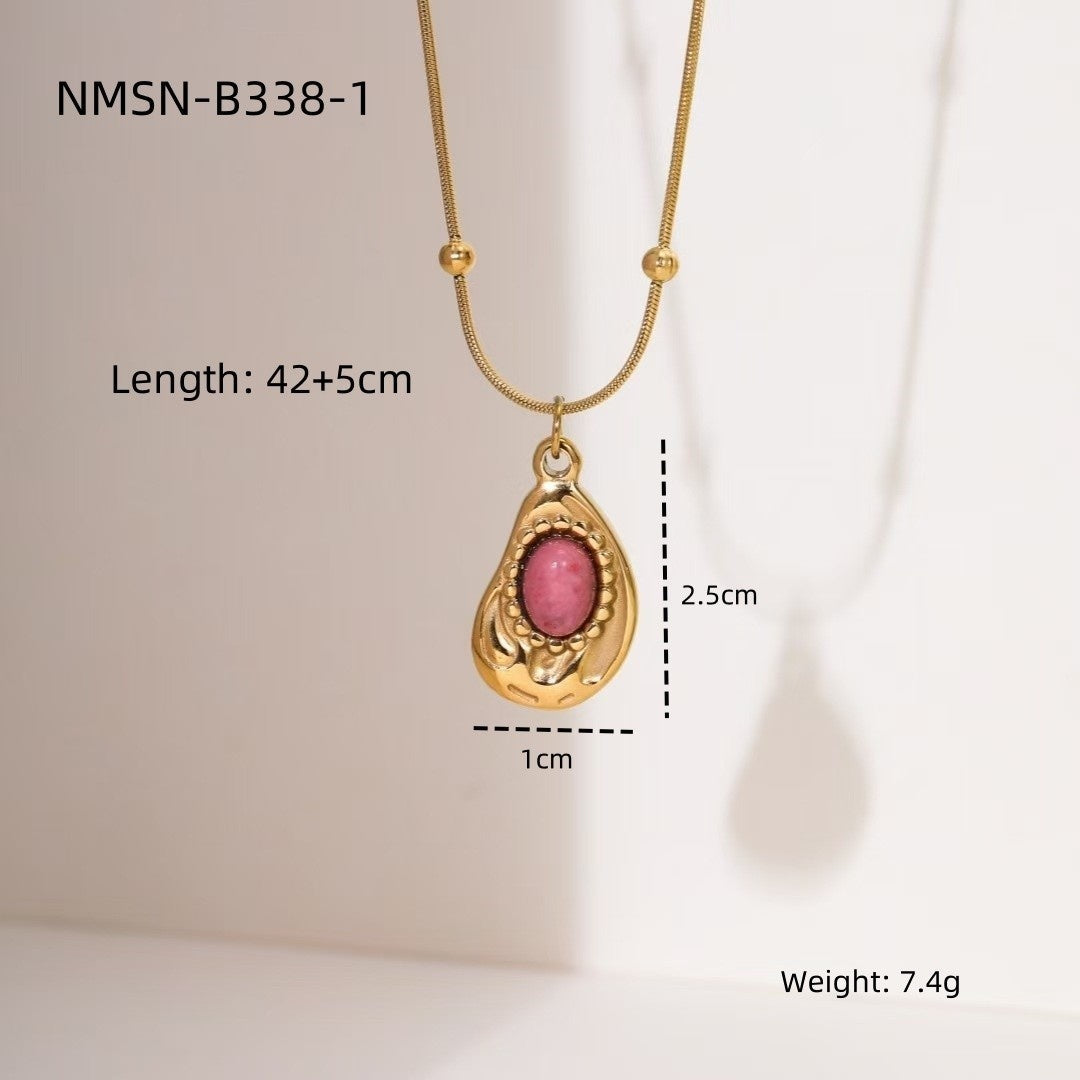Pink Gemstone Layered Gold Necklace – Boho Multi-Layer Pendant Necklace Set for Women
