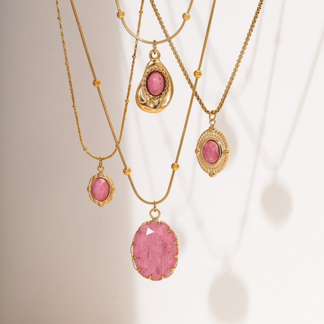Pink Gemstone Layered Gold Necklace – Boho Multi-Layer Pendant Necklace Set for Women