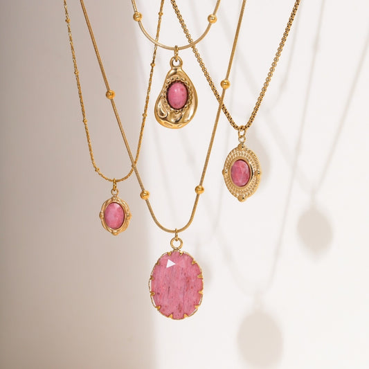 Pink Gemstone Layered Gold Necklace – Boho Multi-Layer Pendant Necklace Set for Women