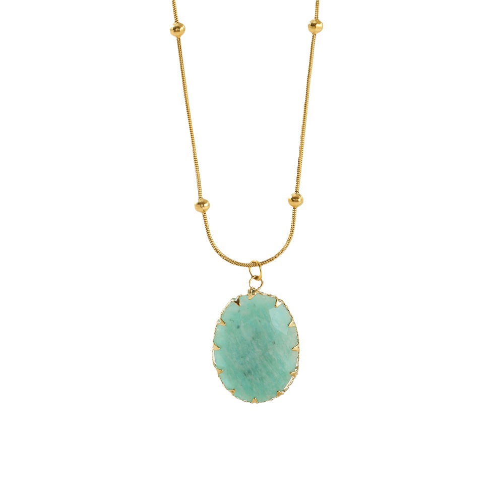 Turquoise Oval Stone Pendant Necklace – Minimalist Gold Beaded Chain Gemstone Necklace for Women