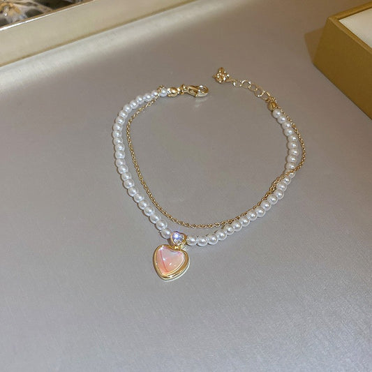 Dainty Pearl Heart Charm Bracelet – Elegant Double Layer Gold Chain Adjustable Bracelet for Women