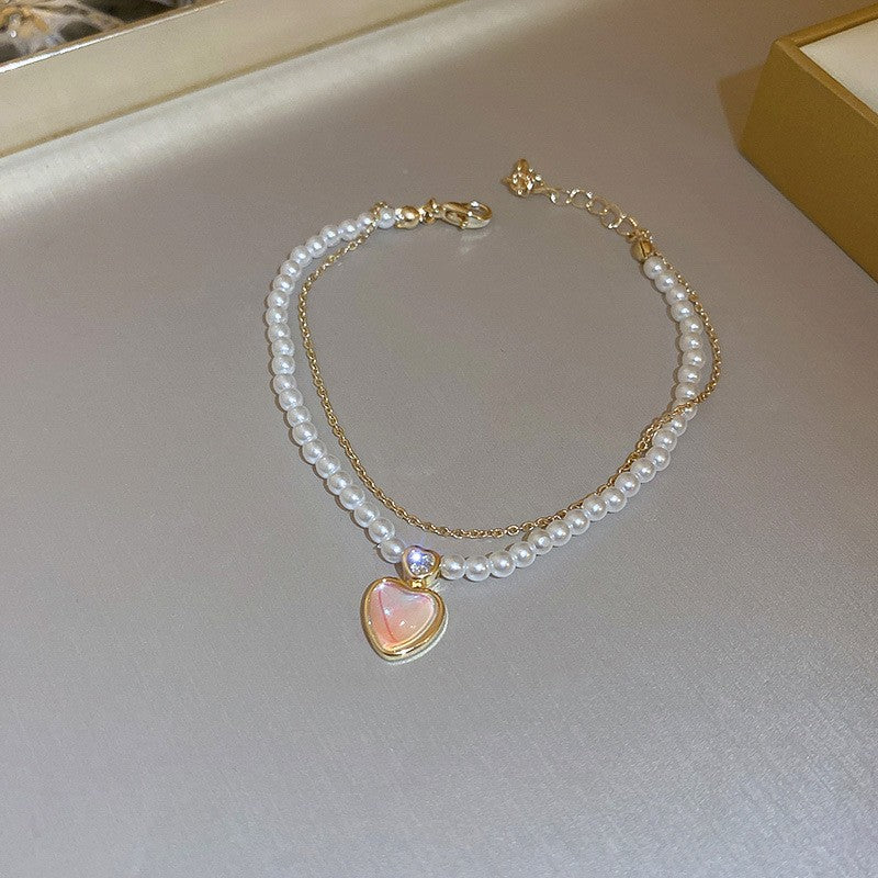 Dainty Pearl Heart Charm Bracelet – Elegant Double Layer Gold Chain Adjustable Bracelet for Women