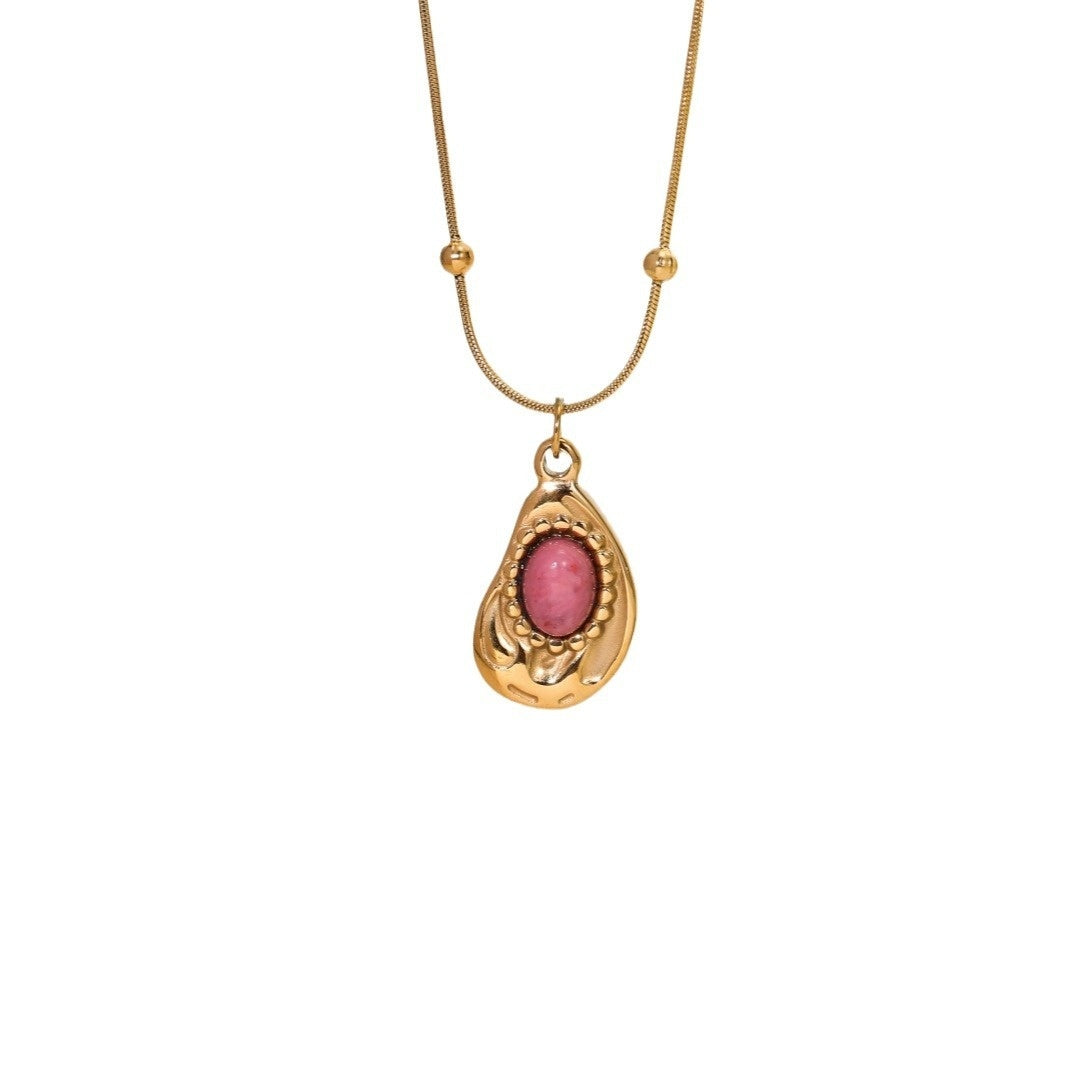 Pink Gemstone Layered Gold Necklace – Boho Multi-Layer Pendant Necklace Set for Women