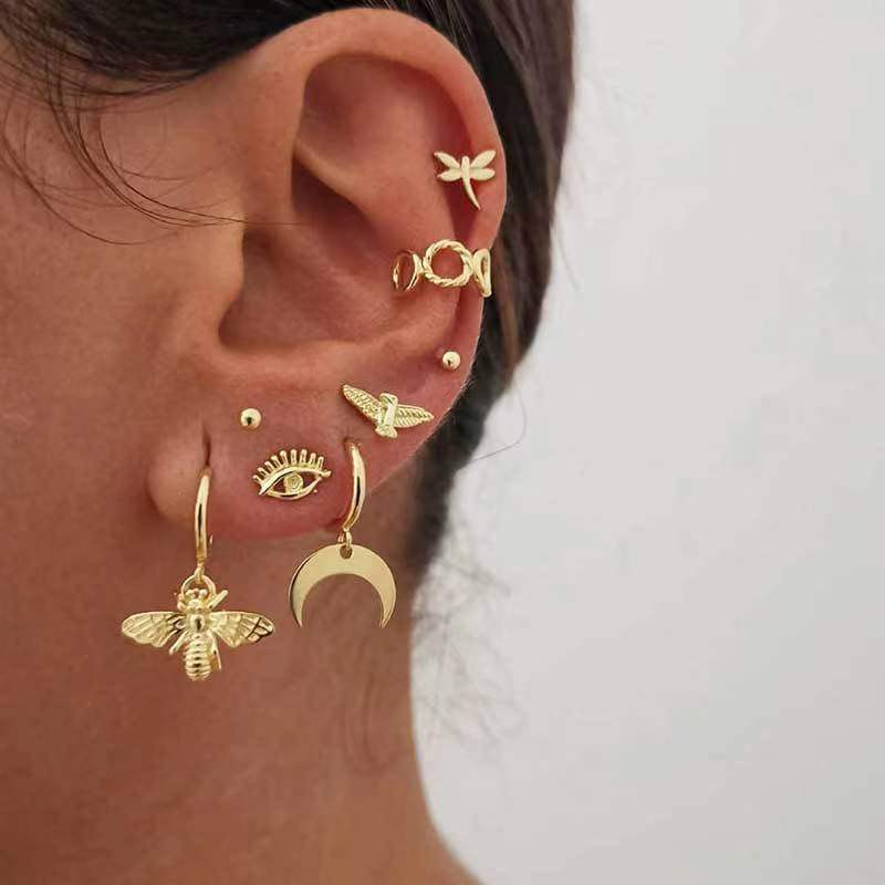 Gold Celestial Ear Stack Earrings Set – Moon, Eye, Bee & Stud Minimalist Multi-Piercing Jewelry for Women