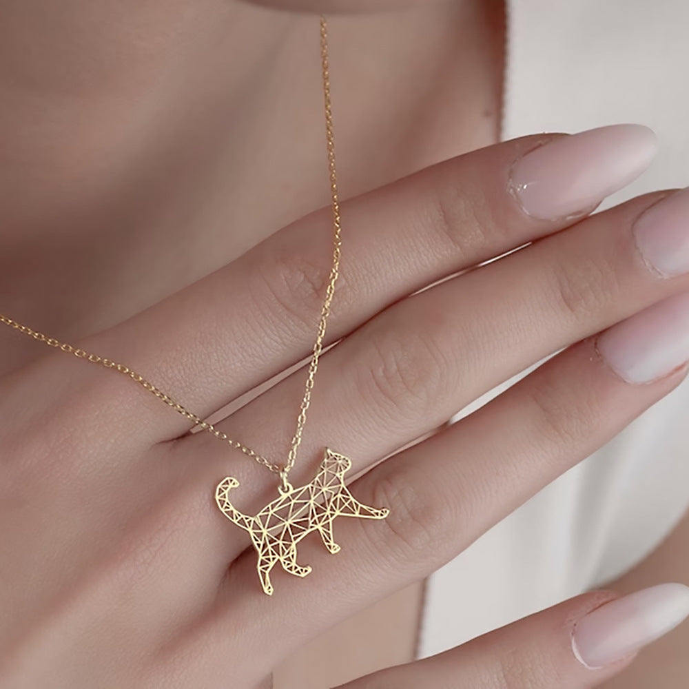 Gold Geometric Cat Pendant Necklace – Minimalist Cat Lover Charm Necklace for Women
