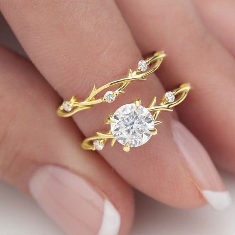 Gold Leaf Vine Crystal Ring – Elegant Nature-Inspired Zirconia Engagement Style Ring for Women