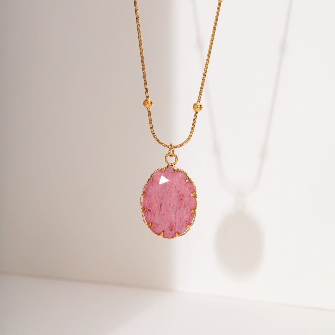 Pink Gemstone Layered Gold Necklace – Boho Multi-Layer Pendant Necklace Set for Women