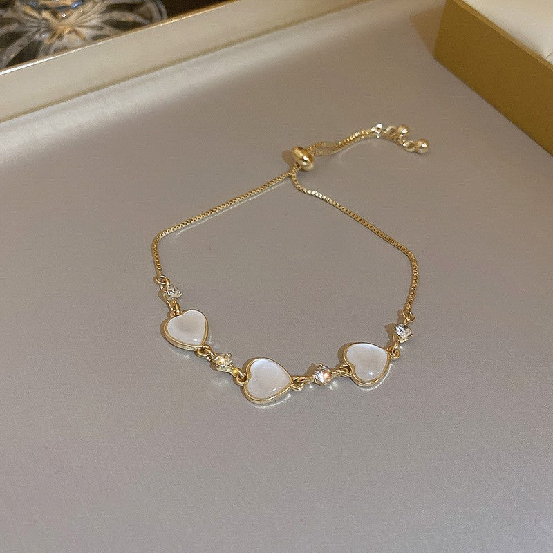 Dainty Pearl Heart Charm Bracelet – Elegant Double Layer Gold Chain Adjustable Bracelet for Women