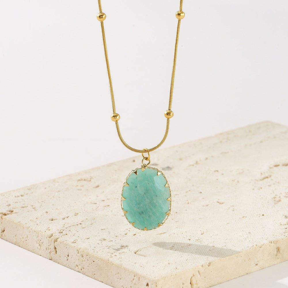 Turquoise Oval Stone Pendant Necklace – Minimalist Gold Beaded Chain Gemstone Necklace for Women