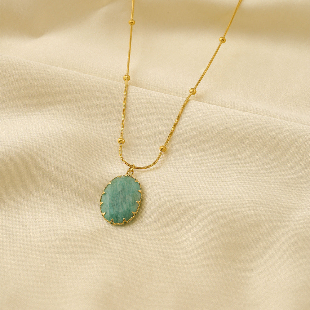 Turquoise Oval Stone Pendant Necklace – Minimalist Gold Beaded Chain Gemstone Necklace for Women