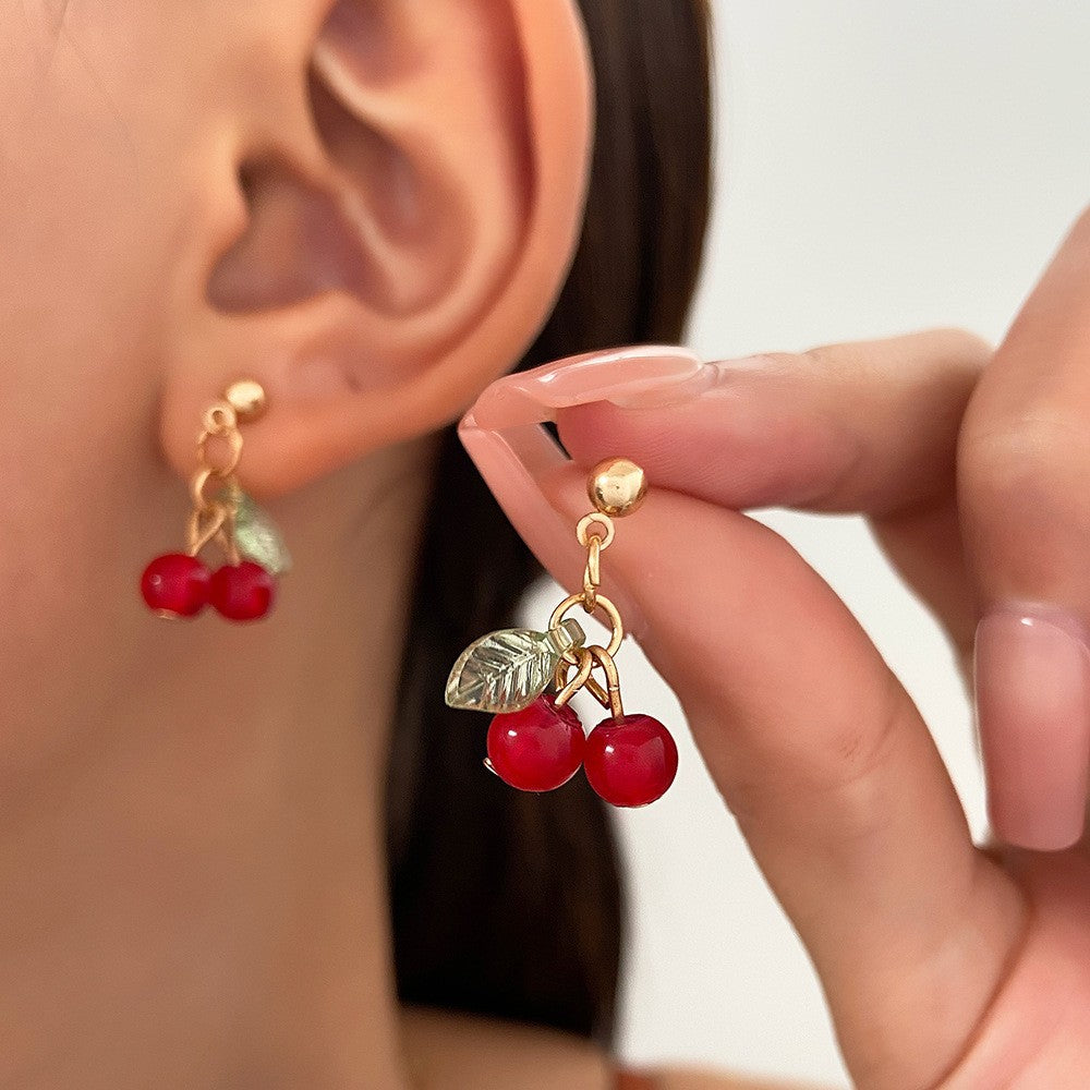 Cute Cherry Pendant Necklace & Earrings Set – Gold Chain Red Cherry Jewelry Set for Women