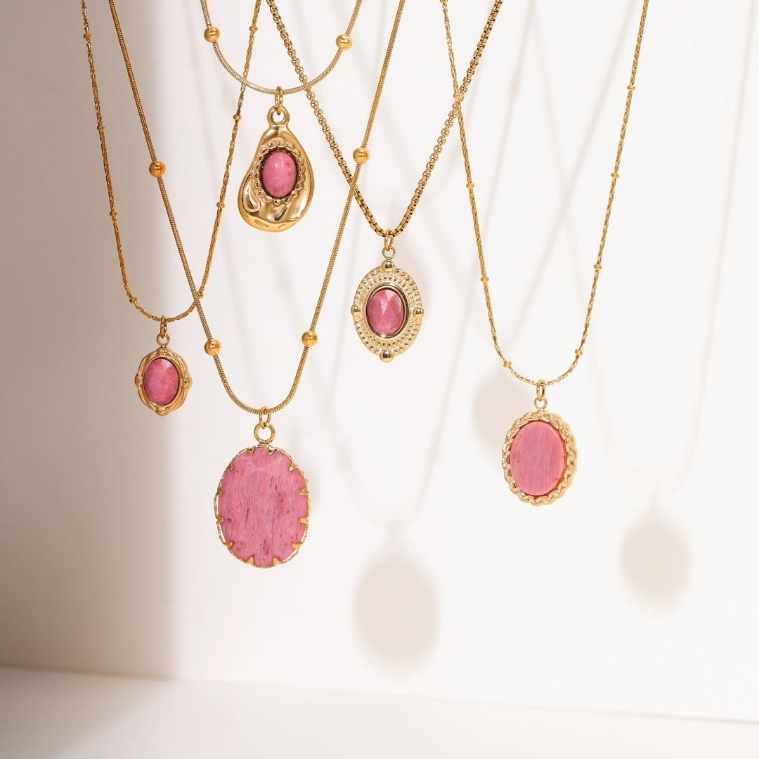 Pink Gemstone Layered Gold Necklace – Boho Multi-Layer Pendant Necklace Set for Women